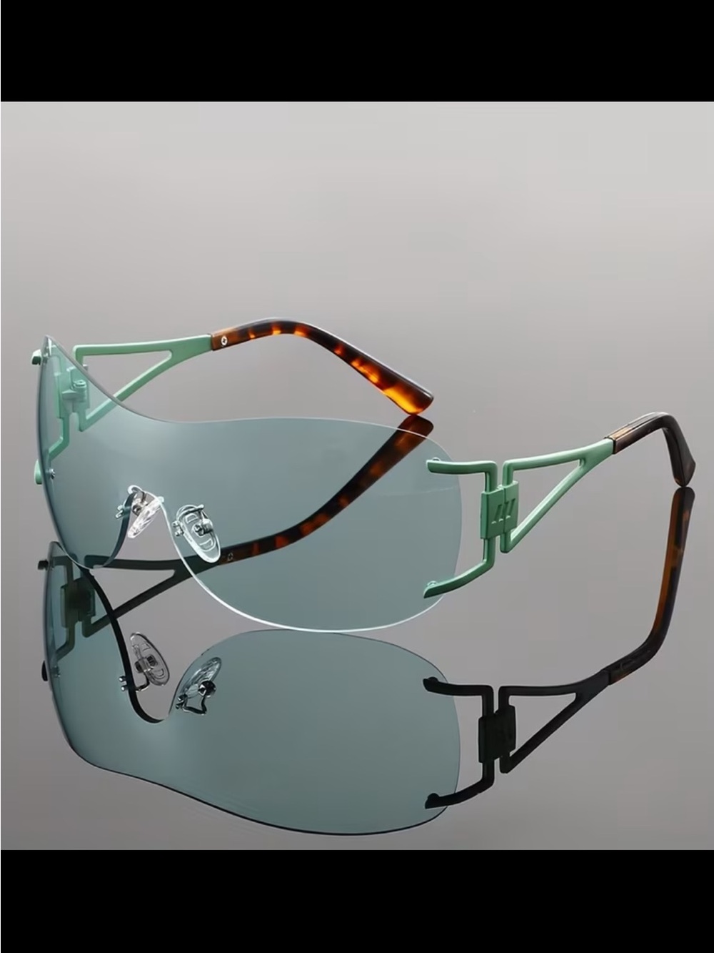Men's Rimless Shield Sunglasses in Mint Green and Tortoiseshell